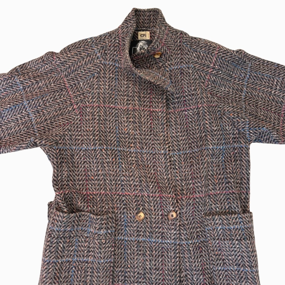 VTG 80s Pure New Wool Oversize Tweed Trench Coat Multi Herringbone Windowpane 16 - Picture 2 of 9